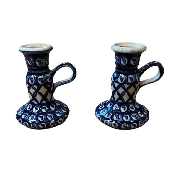 Candlestick Pair Candle Holder Chamber-stick Blue Finger Ring Polish Pottery? - Picture 5 of 7